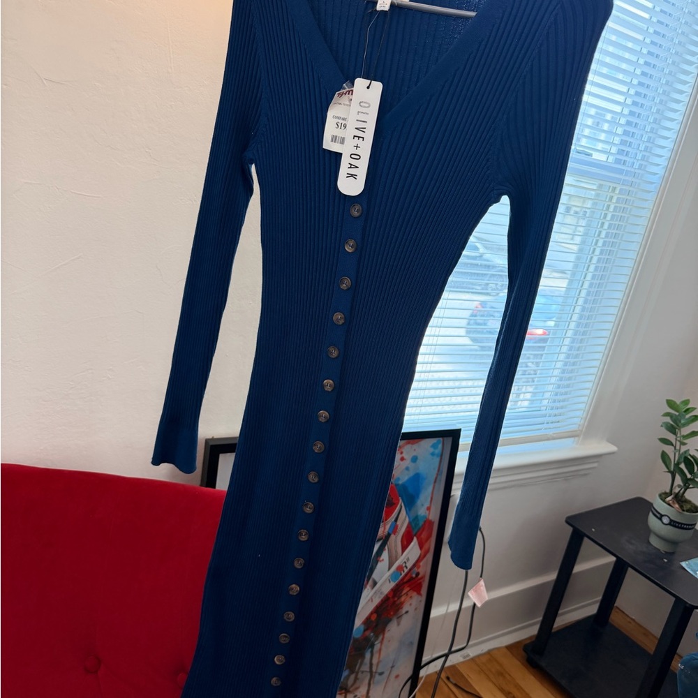 Olive & Oak Navy Ribbed Long-Sleeve Button-Front Midi Dress